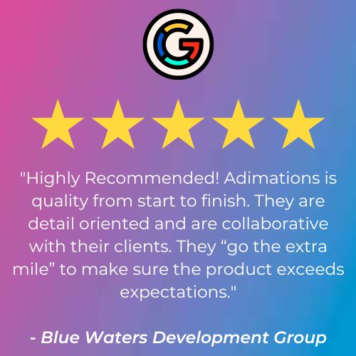 blue waters development group's 5 star google review for adimations, inc